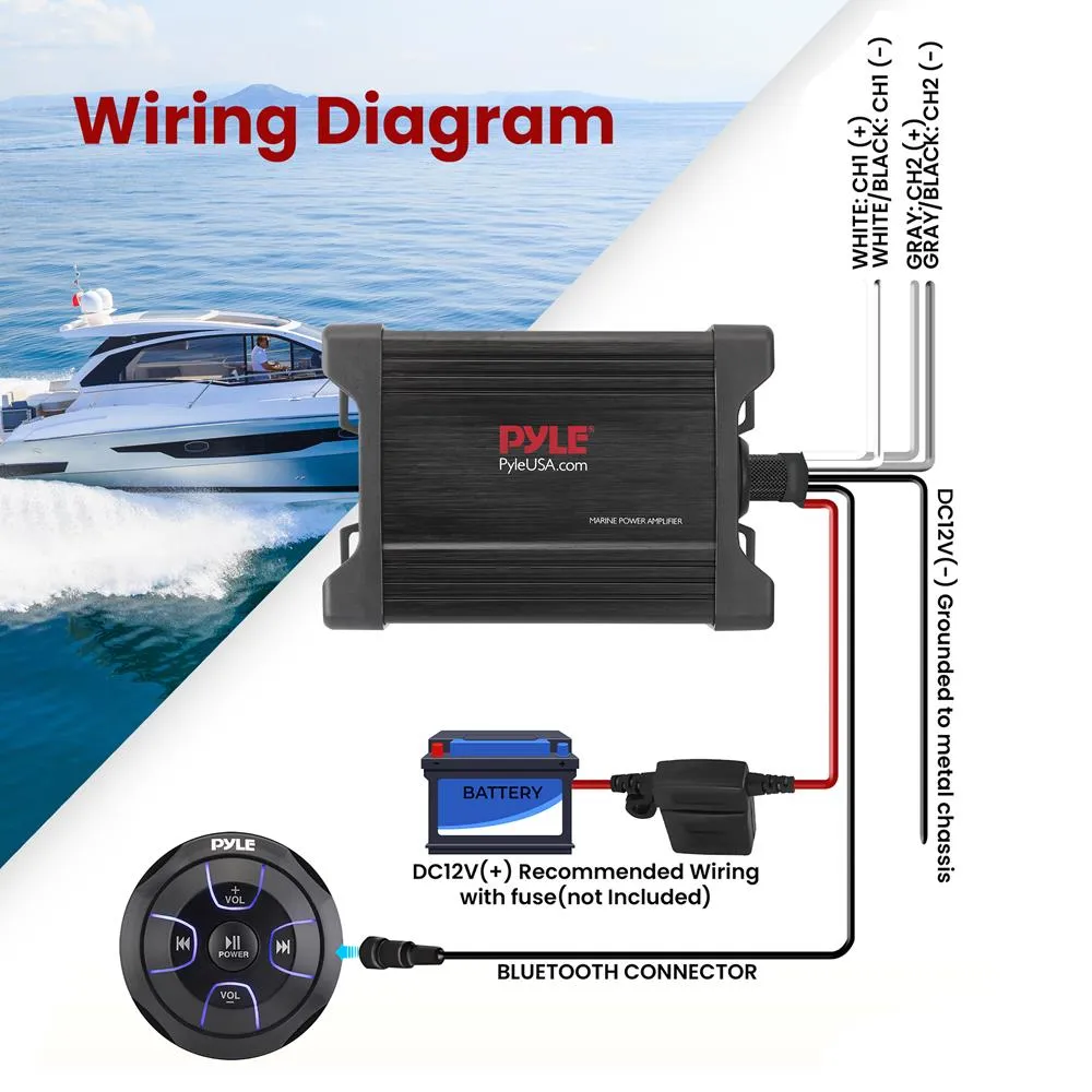 2-Ch. Waterproof Rated Bluetooth Marine Amplifier Kit, Marine Grade Amp, Aux/Rca/Mp3 Audio Input (600 Watt Max)
