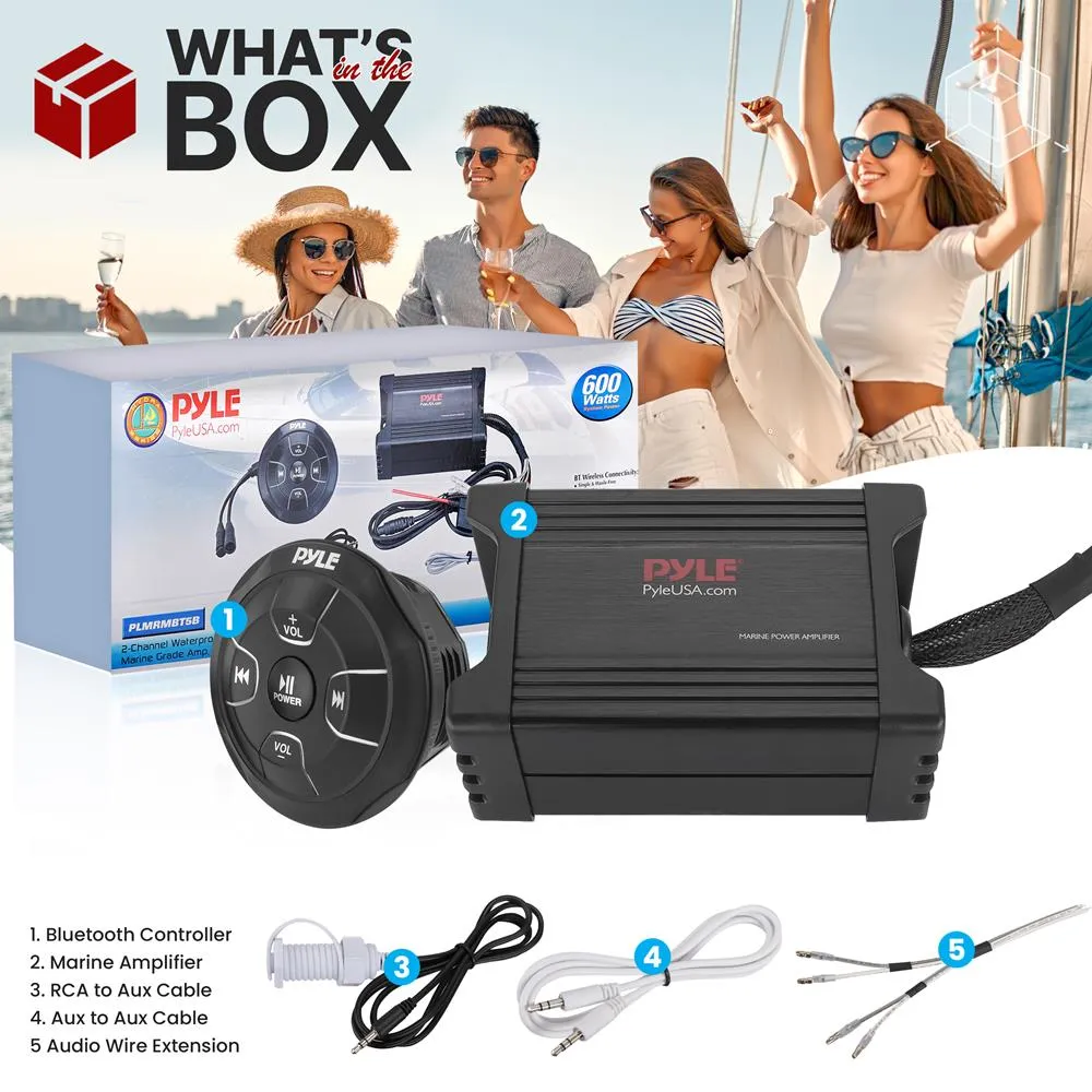 2-Ch. Waterproof Rated Bluetooth Marine Amplifier Kit, Marine Grade Amp, Aux/Rca/Mp3 Audio Input (600 Watt Max)