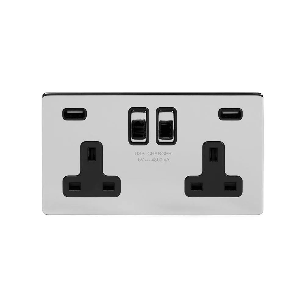 2 Gang Plug Socket with USB Polished Chrome