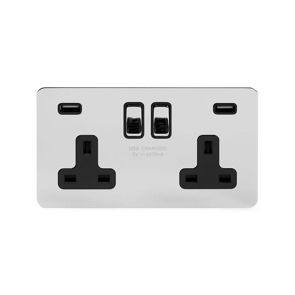 2 Gang Plug Socket with USB Polished Chrome