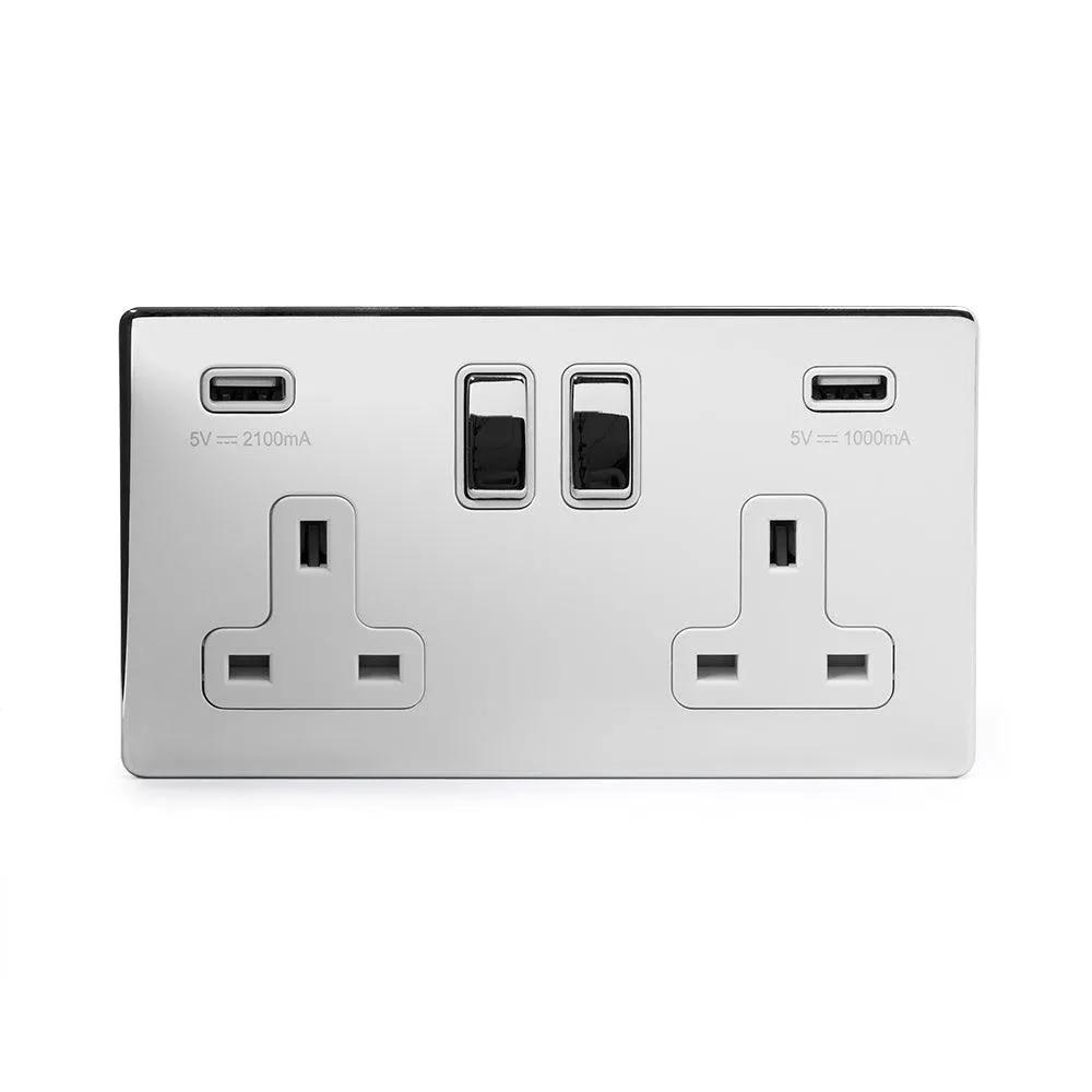 2 Gang Plug Socket with USB Polished Chrome