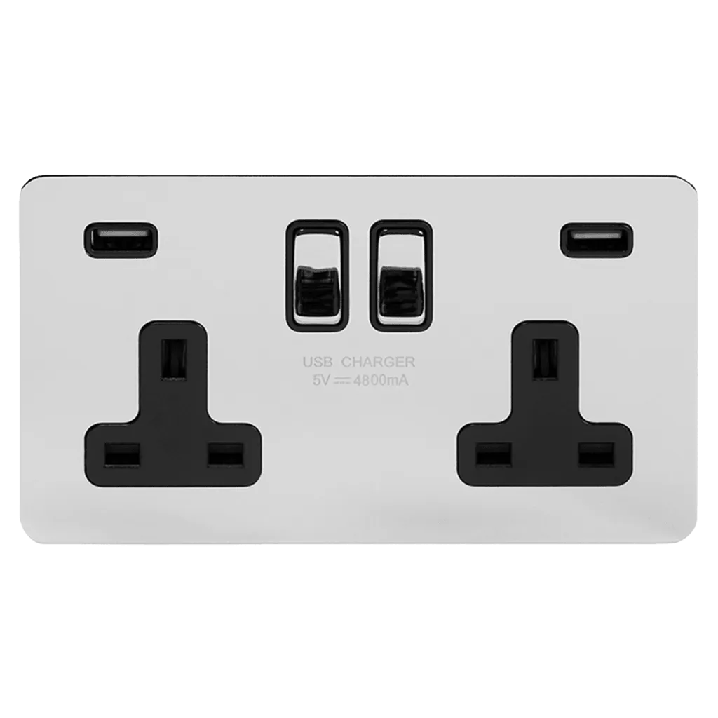 2 Gang Plug Socket with USB Polished Chrome