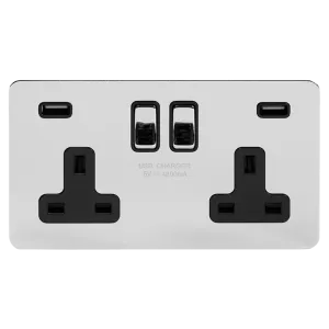 2 Gang Plug Socket with USB Polished Chrome