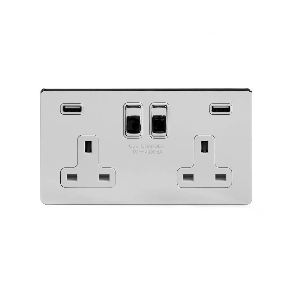 2 Gang Plug Socket with USB Polished Chrome
