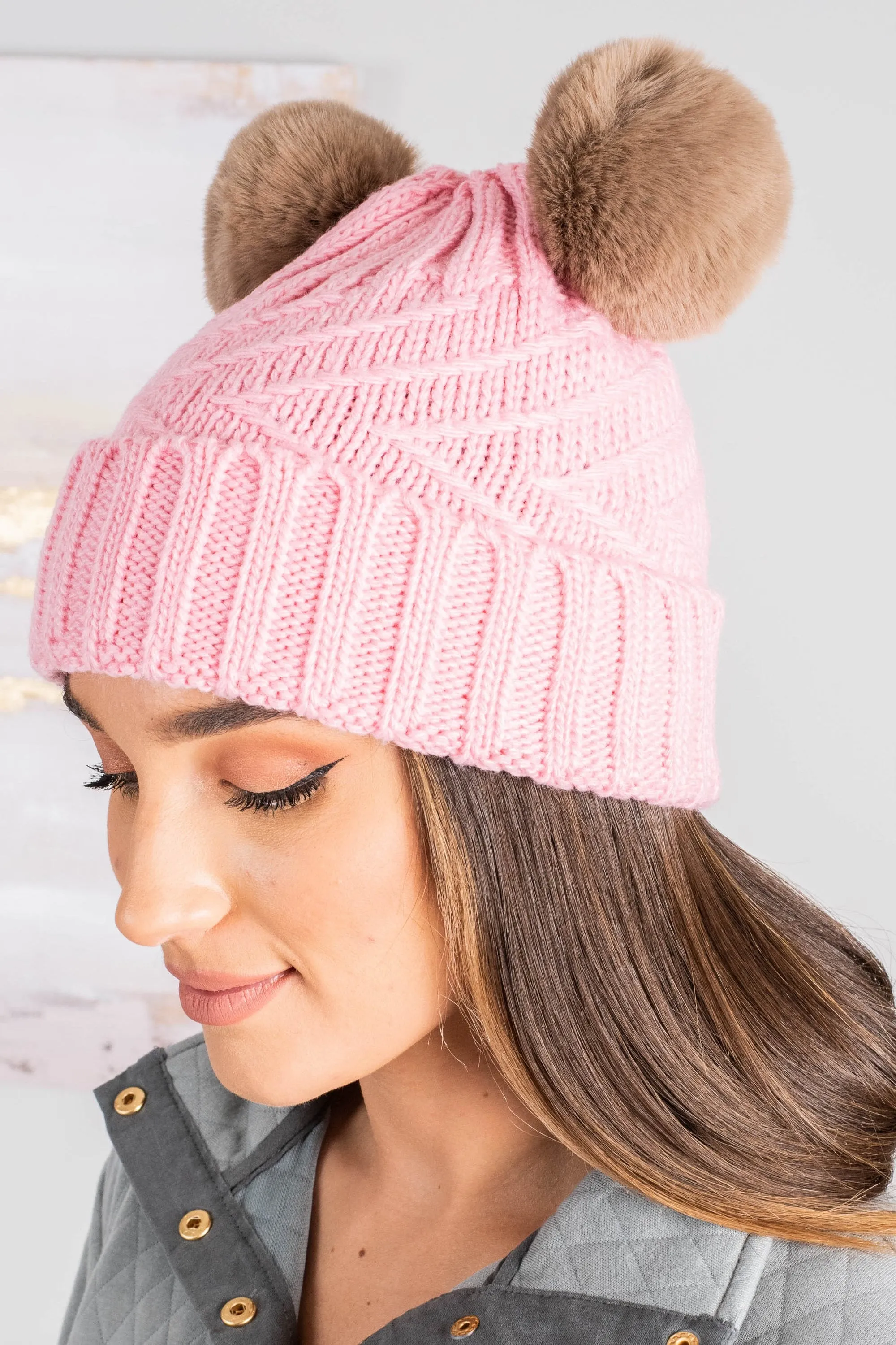 All About It Blush Pink Pompom Beanie