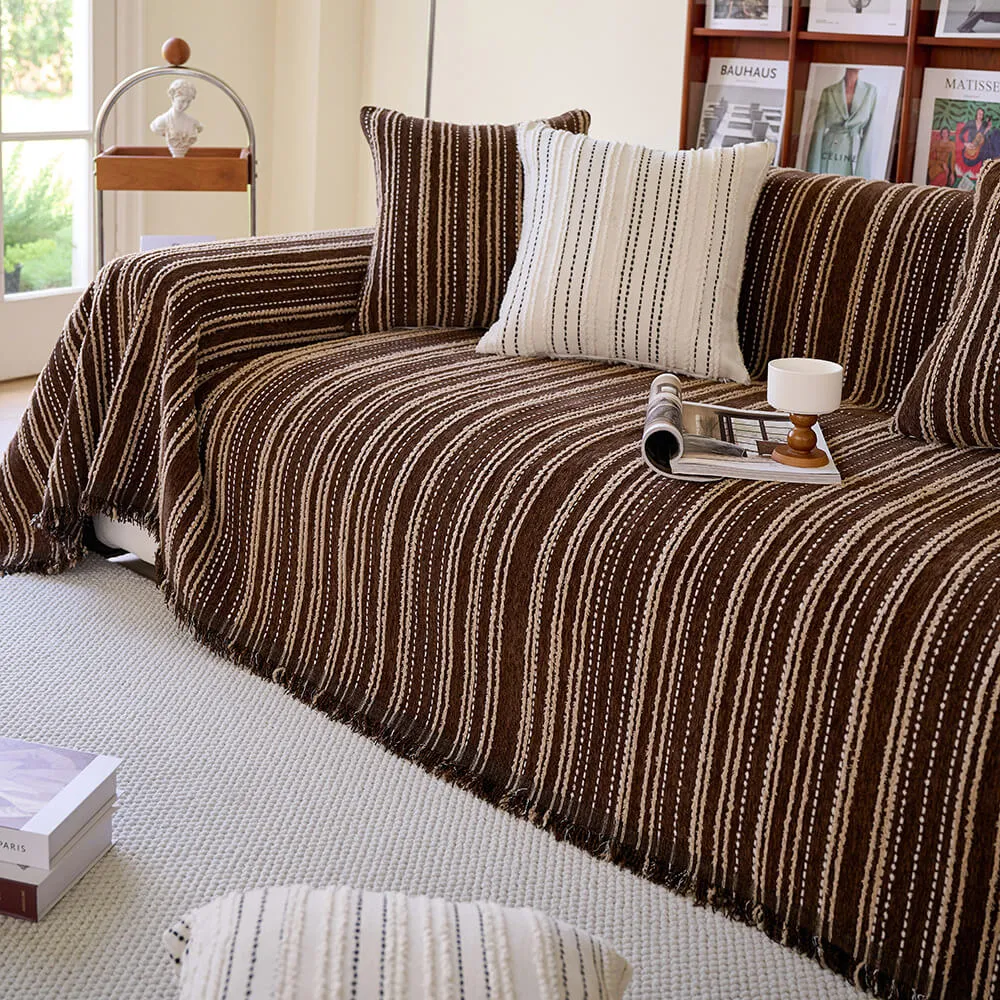 All-Season Striped Tassels Full-Cover Chenille Durable Couch Cover