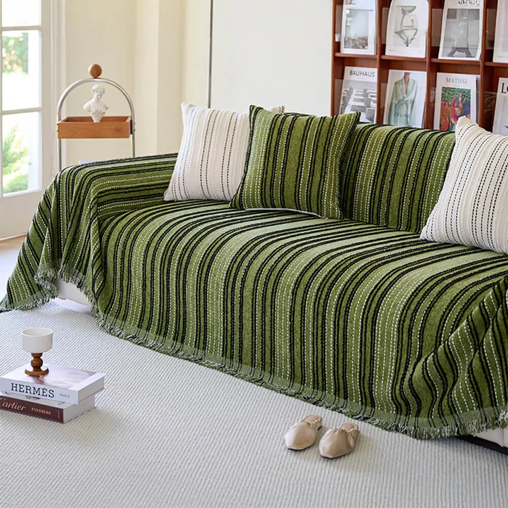 All-Season Striped Tassels Full-Cover Chenille Durable Couch Cover