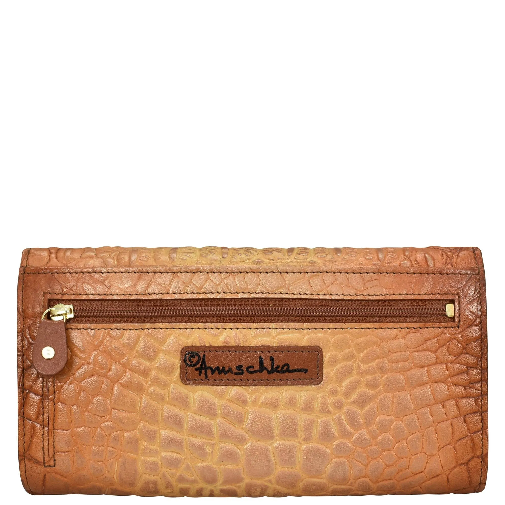 Anuschka RFID Blocking Triple Fold Clutch Wallet Croc Embossed Caramel