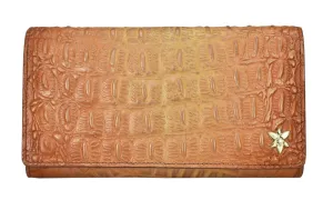 Anuschka RFID Blocking Triple Fold Clutch Wallet Croc Embossed Caramel
