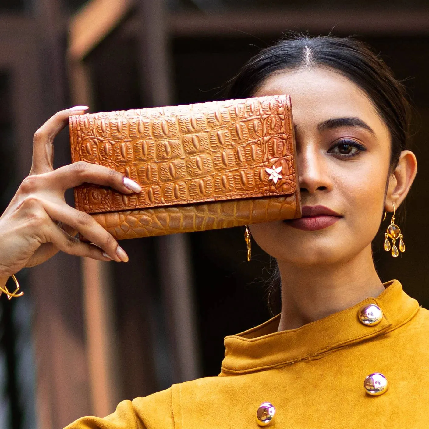 Anuschka RFID Blocking Triple Fold Clutch Wallet Croc Embossed Caramel