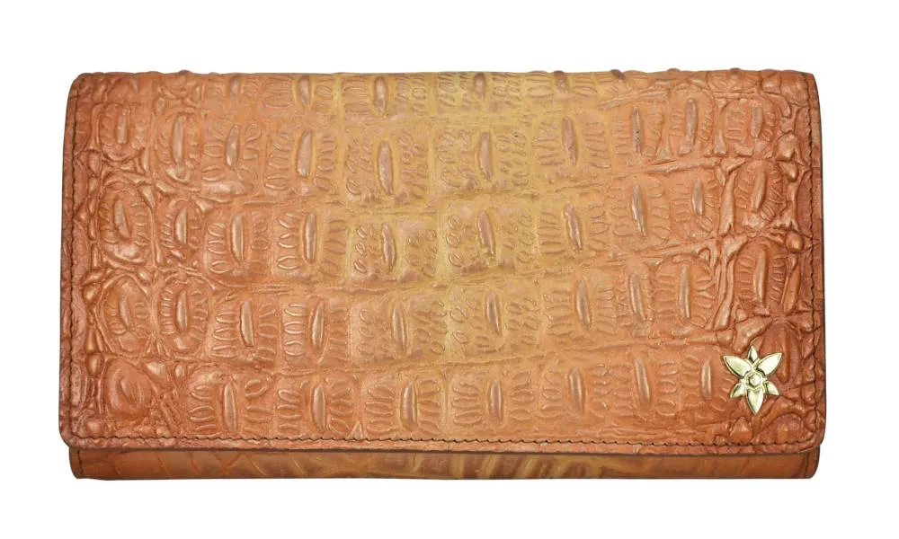 Anuschka RFID Blocking Triple Fold Clutch Wallet Croc Embossed Caramel