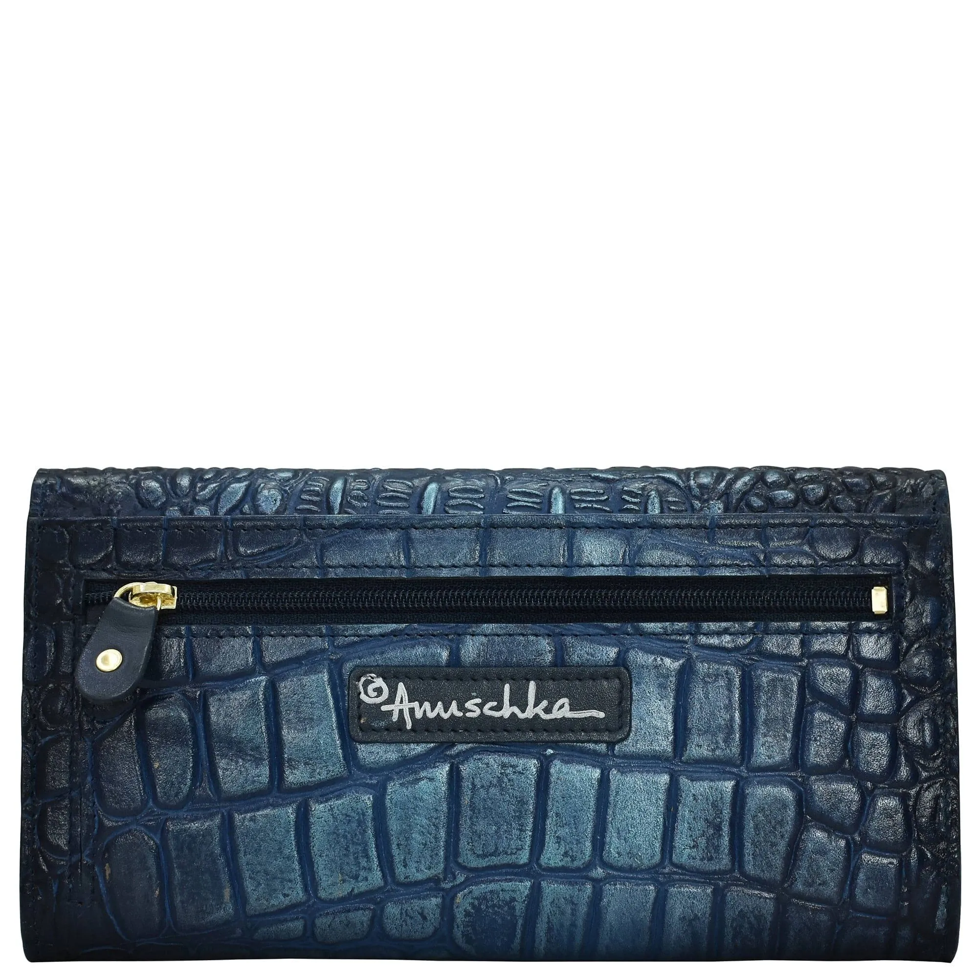 Anuschka RFID Blocking Triple Fold Clutch Wallet Croc Embossed Sapphire