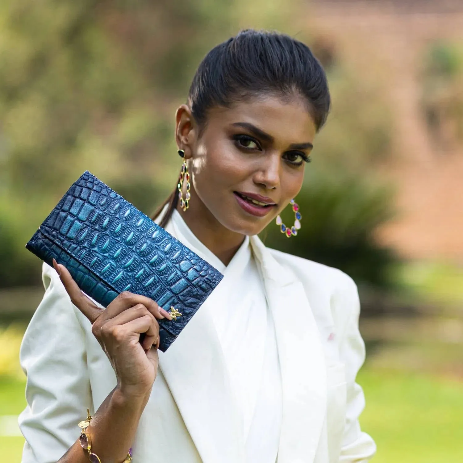 Anuschka RFID Blocking Triple Fold Clutch Wallet Croc Embossed Sapphire