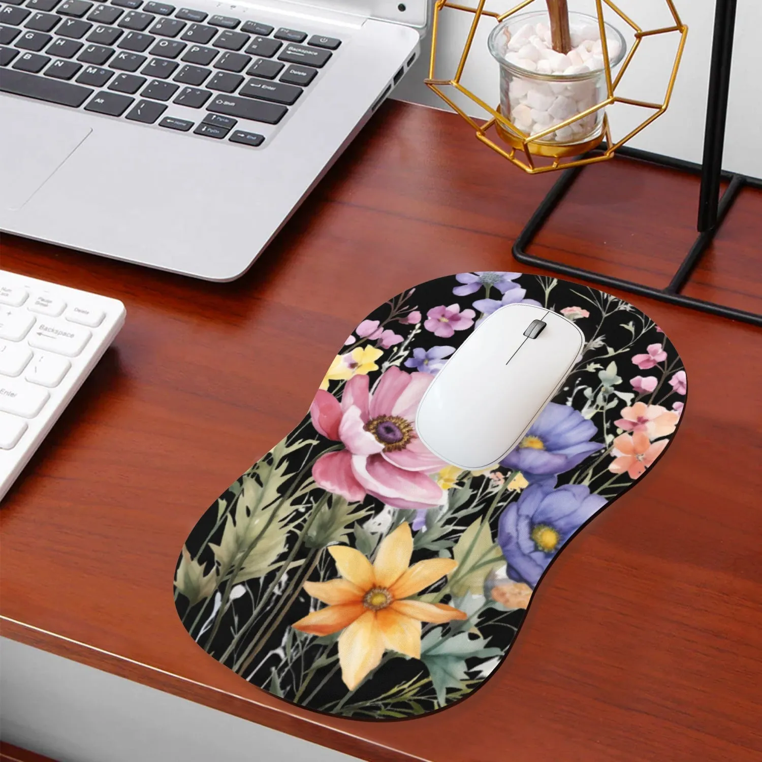 Black Floral Mouse Pad with Wrist Rest