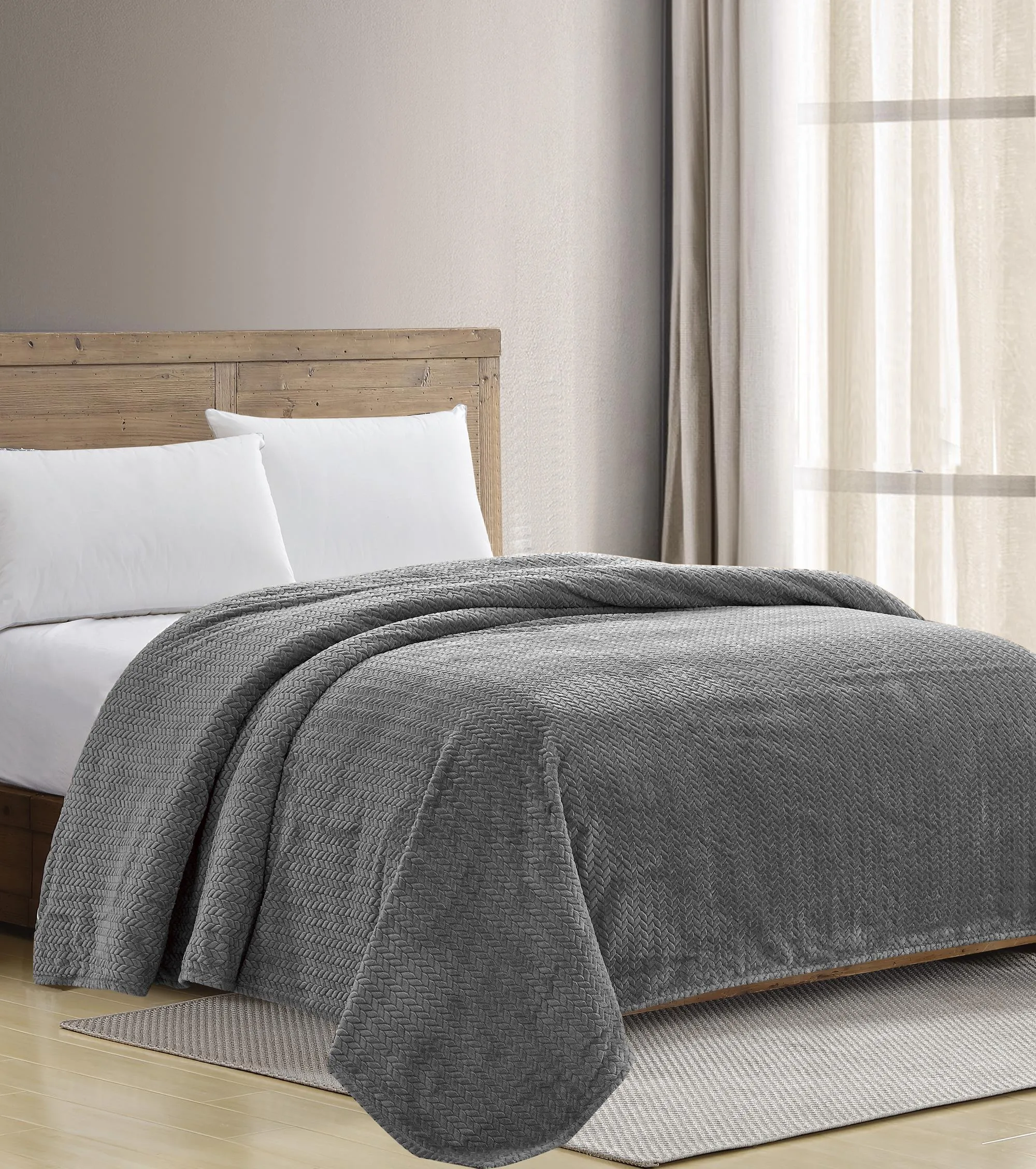Chevron Reversible and Comfortable Braided Oversized Plush All Season Blanket, Queen, Grey