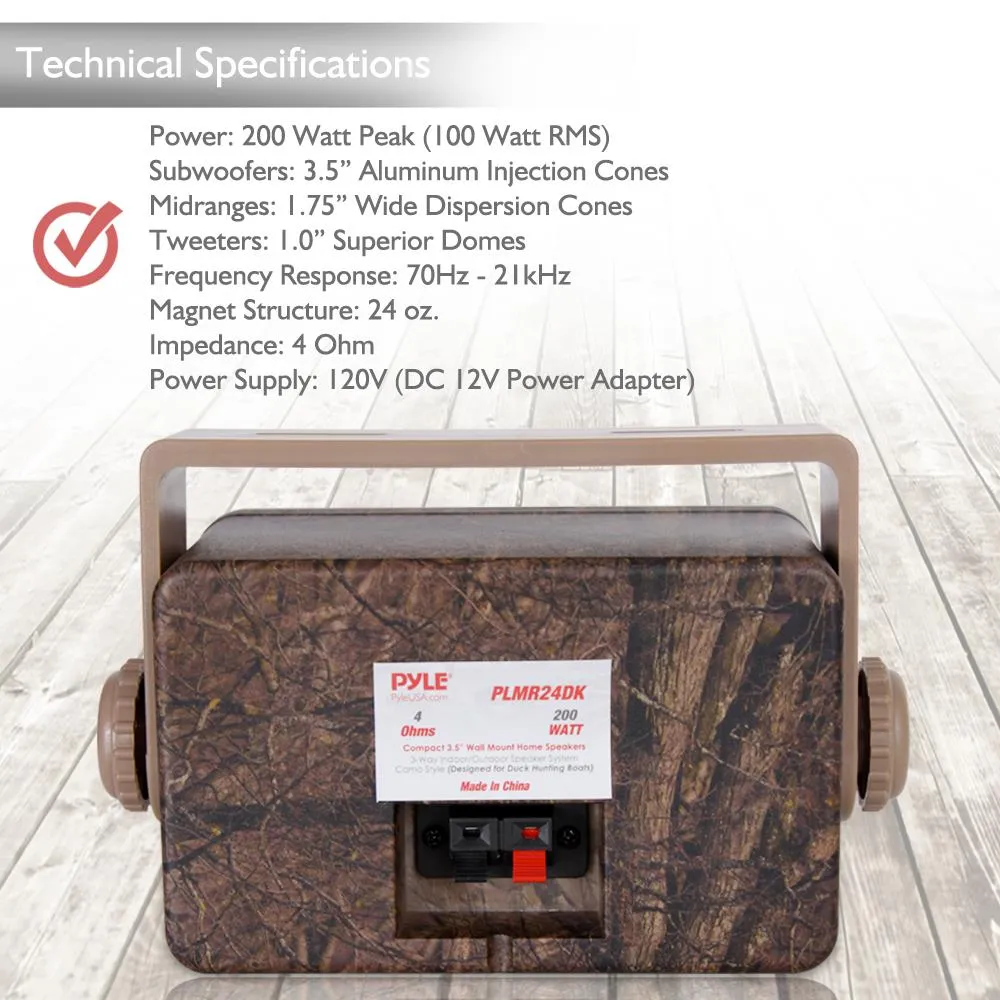 Compact 3.5” Wall Mount Home Speakers, 3-Way Indoor/Outdoor Speaker System, Camo Style, 200 Watt (Pair)