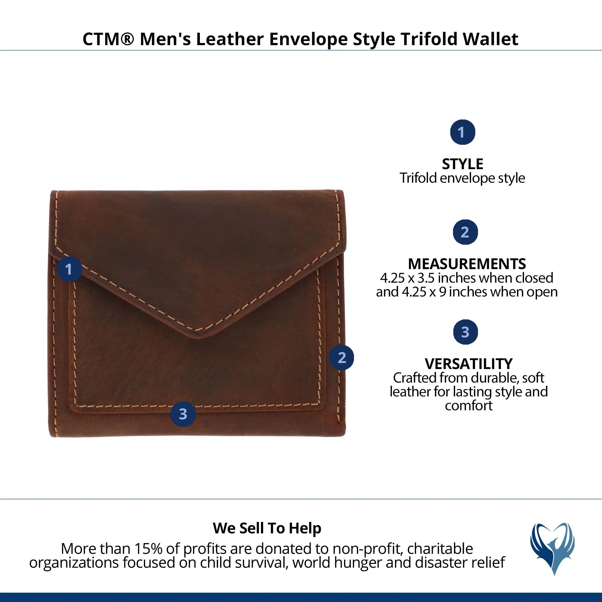 CTM® Men's Leather Envelope Style Trifold Wallet