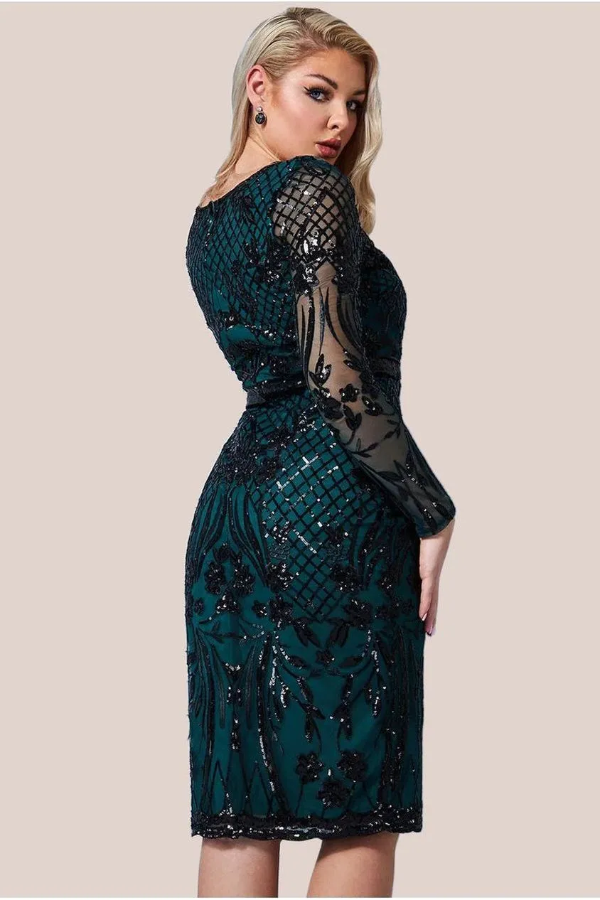 Goddiva Full Sleeve Sequin Midi Dress - Emerald Green