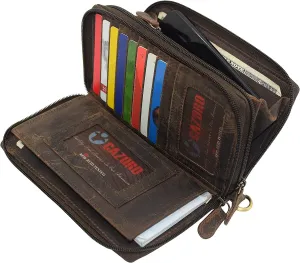 RFID Blocking Wallets for Women Vintage Leather Double Zipper Clutch Checkbook Ladies Wallet (Brown HTC)